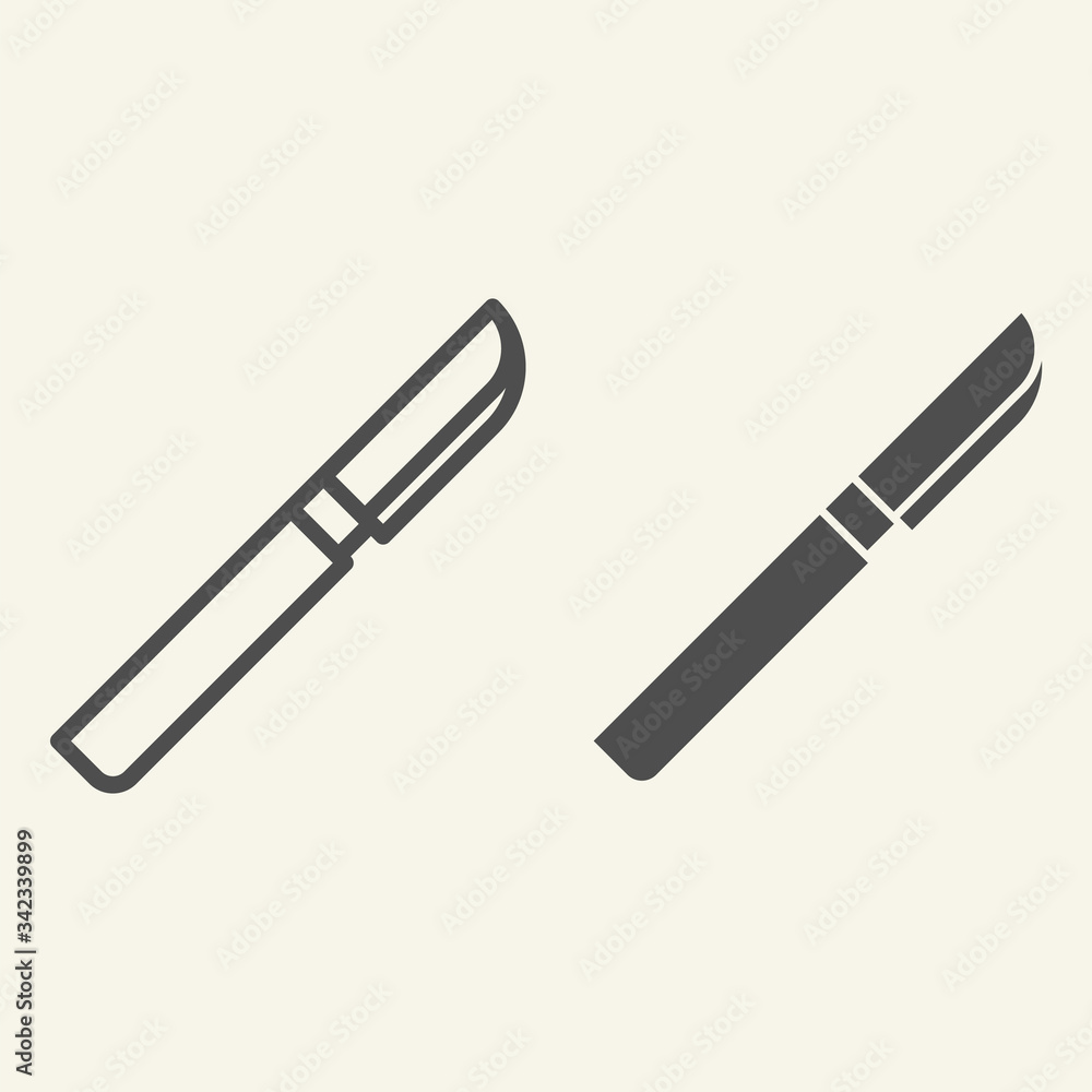 Poster scalpel line and solid icon. medical surgeon tool outline style pictogram on white background. surgi