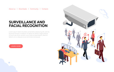 Surveillance and facial recognition banner vector illustration