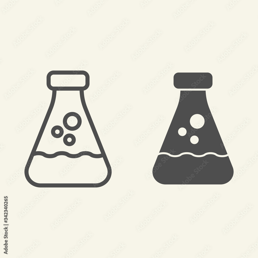 Poster lab conical flask line and solid icon. mensura equipment outline style pictogram on white background