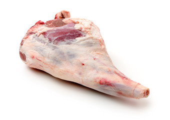 Raw lamb leg on white background