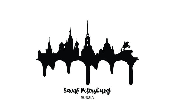 Saint Petersburg Russia black skyline silhouette vector illustration on white background with dripping ink effect.
