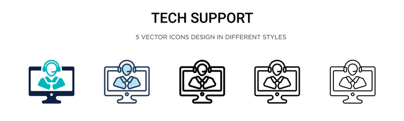Tech support icon in filled, thin line, outline and stroke style. Vector illustration of two colored and black tech support vector icons designs can be used for mobile, ui, web