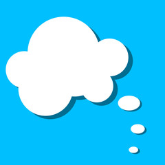 White paper thought bubble on blue background. Cloud speech frame icon. Think balloon silhouette design. Vector illustration.