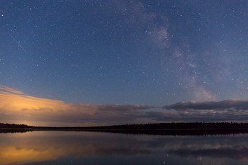 slow shutter, night on the lake, millions of stars in the blue sky reflected in the water, as well as the milky way