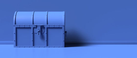Treasure chest closed blue monochrome background. 3d illustration