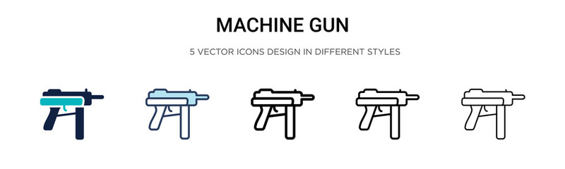 Machine gun icon in filled, thin line, outline and stroke style. Vector illustration of two colored and black machine gun vector icons designs can be used for mobile, ui, web