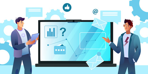 Technical support background with confident male assistant, client, laptop and social media icons. Online consultation concept in trendy blue colors for web pages, apps, advertisements.