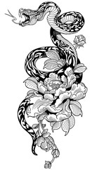 snake coiled around peony flower. Black and white Tattoo. Graphic style vector illustration