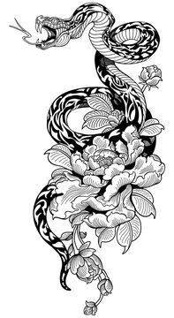 snake coiled around peony flower. Black and white Tattoo. Graphic style vector illustration