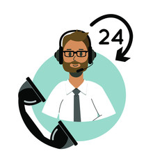 24 hour support service icon. Man with headphones, headset, vector. Call the support center 24/7. 
