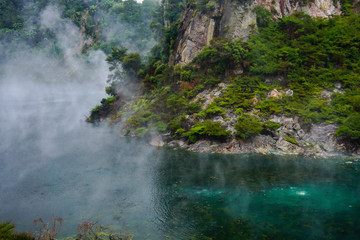 Fototapeta na wymiar WAIMANGU VOLCANIC VALLEY, NEW ZEALAND - MARCH 03, 2020: Frying pan lake with a mist rising from the trees and the rocks around