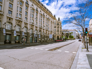 Madrid / Spain-04/19/20  ANTONIO MAURA STREET, FACADE OF THE PALACE OF MADRID. COMPLETELY DESERTED DURING THE COVID-19 PANDEMIC IN 2020.