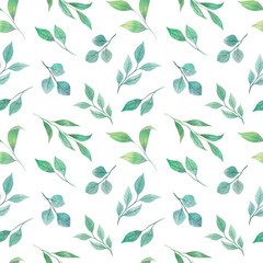 Watercolor seamless pattern of green twigs isolated on a white background