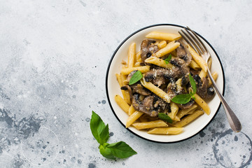 Penne rigate pasta with mushrooms, parmesan cheese and basil leaves in ceramic dish on light old concrete background. Selective focus.