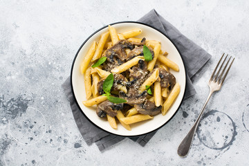 Penne rigate pasta with mushrooms, parmesan cheese and basil leaves in ceramic dish on light old concrete background. Selective focus.