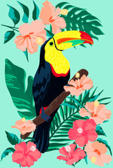 Abstract toucan with exotic flowers and palm trees for decorative design. Yellow toucan pattern in beautiful style on white background. © Oceanoart