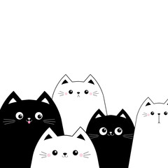 Black white cat head face set. Scandinavian style. Cute cartoon funny baby pet character. Greeting card notebook cover tshirt sticker template print. Flat design. White background. Isolated.