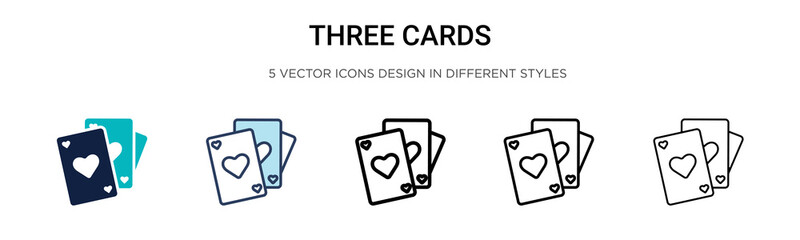Three cards icon in filled, thin line, outline and stroke style. Vector illustration of two colored and black three cards vector icons designs can be used for mobile, ui, web