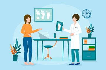 Patient  visiting orthopedist doctor in the cabinet. Cartoon character with broken leg, fracture or flat feet has consultation of doctor on  the blue background. Flat vector illustration.  