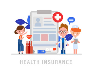 Doctor, Nurse and Patient Characters stand near Health Insurance Contract. Health care Concept. Flat design cartoon Vector Illustration.