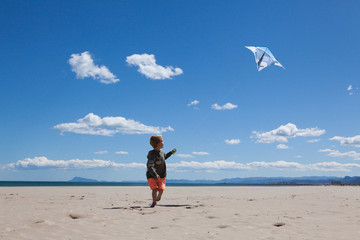 Fototapeta na wymiar Happy boy running on the beach in summer with a kite. Beautiful sea and sand