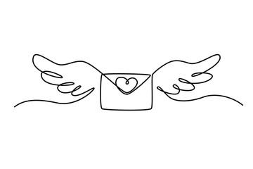 Continuous line drawing. Love letter with heart and wings. Valentine's day. Template for love cards and invitations. Isolated on white background. Hand drawn vector illustration. 