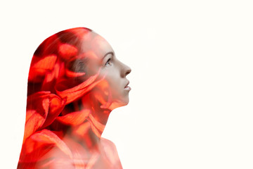 Double exposure portrait of young woman and blooming red flower. Isolated on white background. Copy space.