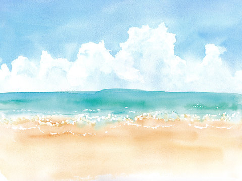 夏の積乱雲の空と砂浜、水彩イラスト