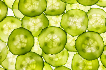 Many cucumber slices as background