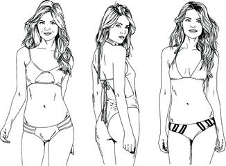 vector drawings on the theme of beautiful slim sporty girl in casual clothes in various poses painted ink hand sketch with no background