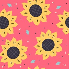 Vector seamless pattern with bright sunflowers. Summer, beach print. Bright floral background. - 342351885