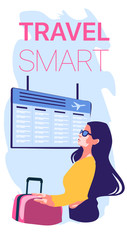 Vector cartoon illustration of a young woman in international airport looking at the flight information board.