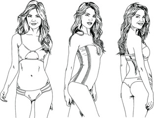 vector drawings on the theme of beautiful slim sporty girl in casual clothes in various poses painted ink hand sketch with no background