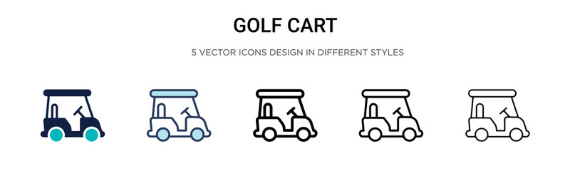 Naklejka premium Golf cart icon in filled, thin line, outline and stroke style. Vector illustration of two colored and black golf cart vector icons designs can be used for mobile, ui, web