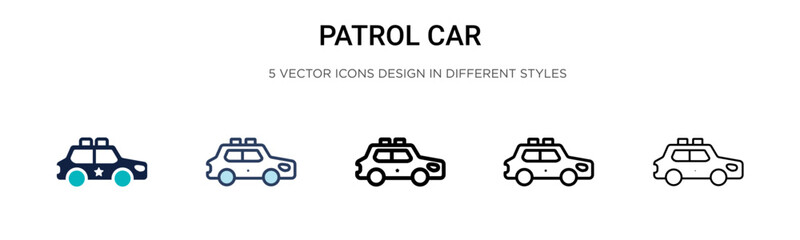 Obraz premium Patrol car icon in filled, thin line, outline and stroke style. Vector illustration of two colored and black patrol car vector icons designs can be used for mobile, ui, web