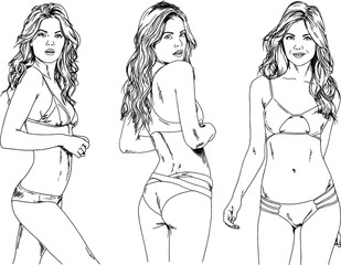 vector drawings on the theme of beautiful slim sporty girl in casual clothes in various poses painted ink hand sketch with no background