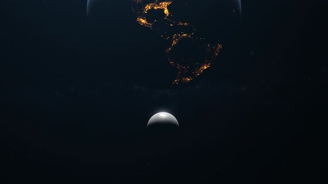 the moon and the earth move in space the earth in the foreground at the top of the image