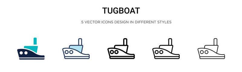 Tugboat icon in filled, thin line, outline and stroke style. Vector illustration of two colored and black tugboat vector icons designs can be used for mobile, ui, web - obrazy, fototapety, plakaty