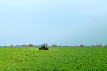 Fototapeta premium Tractor waters plants on the field ,Ukraine,agriculture