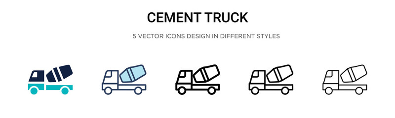 Cement truck icon in filled, thin line, outline and stroke style. Vector illustration of two colored and black cement truck vector icons designs can be used for mobile, ui, web