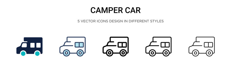 Camper car icon in filled, thin line, outline and stroke style. Vector illustration of two colored and black camper car vector icons designs can be used for mobile, ui, web