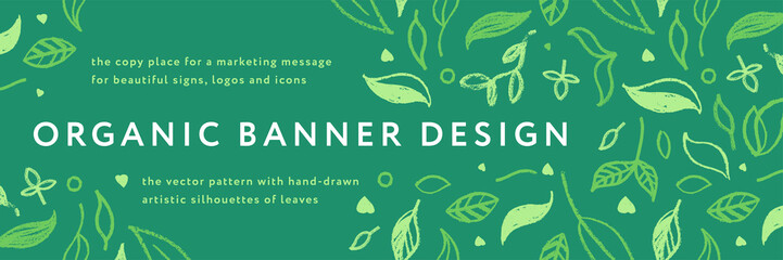 Vector herbal banner with drawings of herbs. Natural cosmetic label. Leaf silhouette for eco store, healthy food. Botanical background for bio pattern, herbal medicine with organic illustrations.