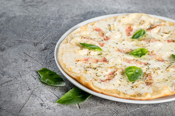 Pizza with cheese decorated with greens. Close-up shot