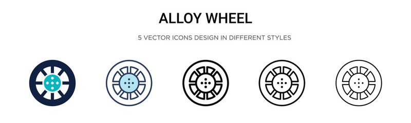 Obraz premium Alloy wheel icon in filled, thin line, outline and stroke style. Vector illustration of two colored and black alloy wheel vector icons designs can be used for mobile, ui, web