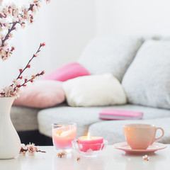 spring pink flowers in vase in white interior