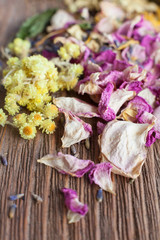 Closeup of dry mix of flowers with selective focus