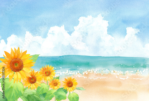 夏の積乱雲の空とヒマワリのある砂浜 水彩イラスト Wall Mural Keiko Takamatsu 夏の積乱雲の空とヒマワリのある砂浜 水彩イラスト Wall Mural Keiko Takamatsu