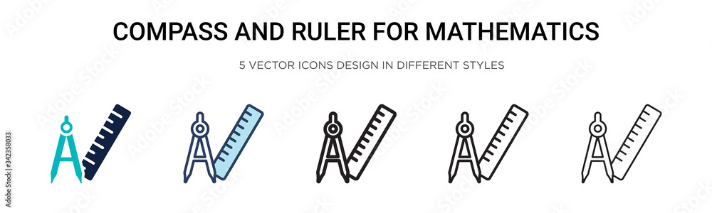 Poster compass and ruler for mathematics icon in filled, thin line, outline and stroke style. vector illust