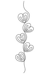 Continuous line drawing. Ornament. Branch with hearts. Template for love cards and invitations. Isolated on white background. Hand drawn vector illustration. 