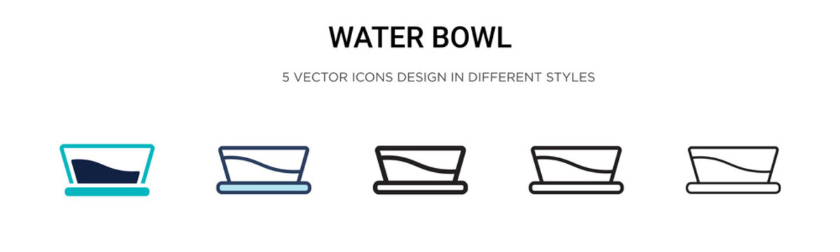 Water bowl icon in filled, thin line, outline and stroke style. Vector illustration of two colored and black water bowl vector icons designs can be used for mobile, ui, web